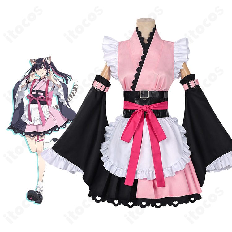 『超かぐや姫!』駒沢乃依 コスプレ衣装一式の正面全体画像（トップス・スカート・エプロン・帯を着用）