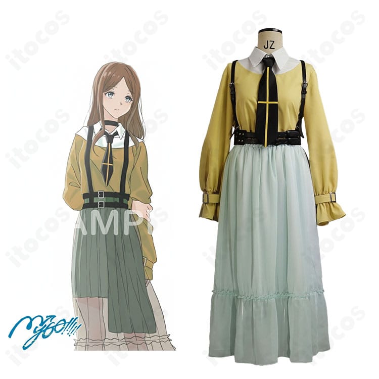 長崎そよ「端程山」ステージ衣装コスプレ一式の正面全身カット(トップス・スカート・ネクタイ・ベルト着用)