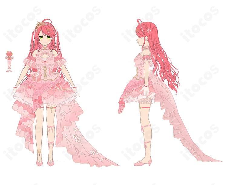 さくらみこ flower fantasista! 衣装の正面・側面ディテール。リボンやフリルの作り込み、スカートのハリ感を比較できる構図。