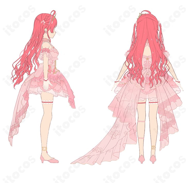 さくらみこ flower fantasista! 衣装の側面・背面。ウエストラインとスカートの広がり、背面装飾の立体感が確認できる画像。