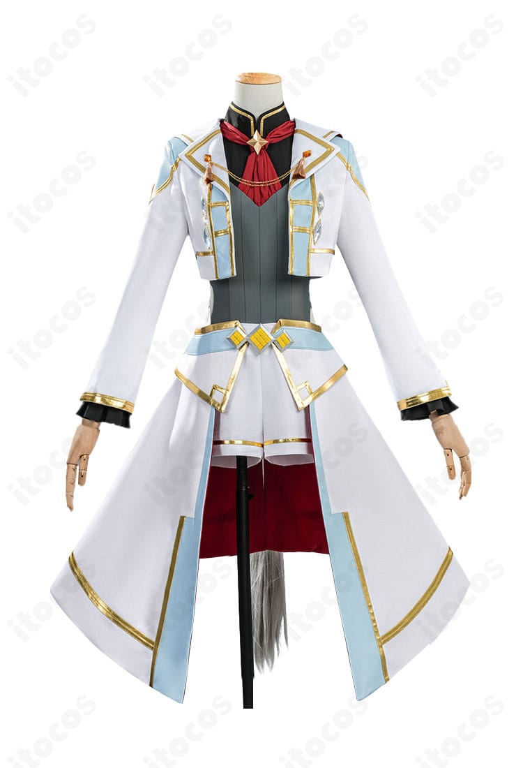 オグリキャップ 勝負服コスプレの正面全景。コートの襟とフロント装飾の配置が確認できる