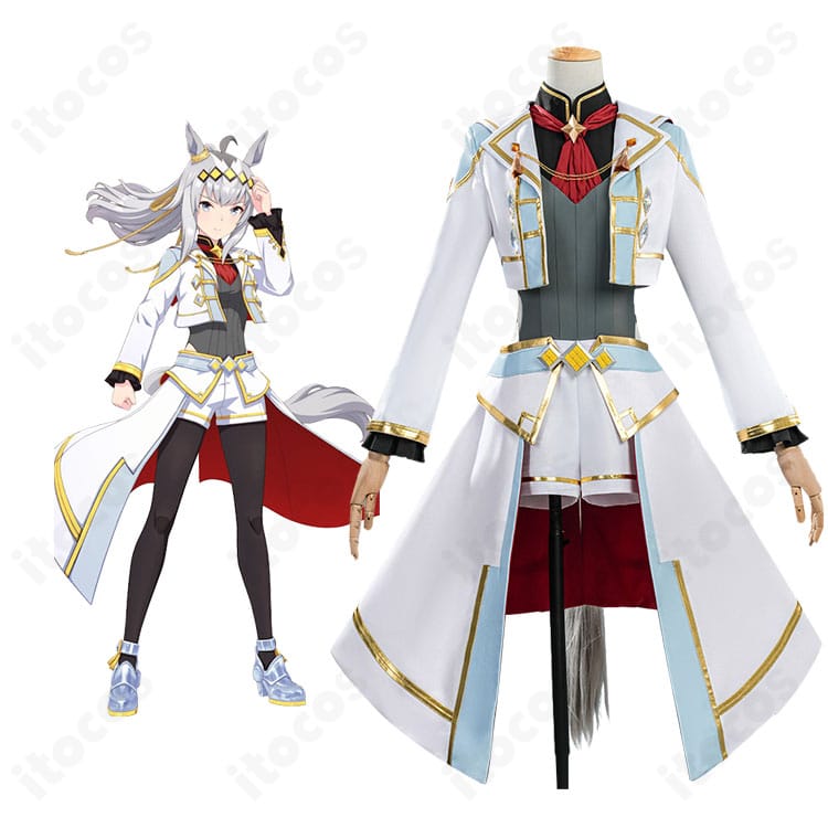 オグリキャップ 勝負服コスプレをモデルが全身着用したイメージ。ショートコートと装飾のバランスが分かる写真