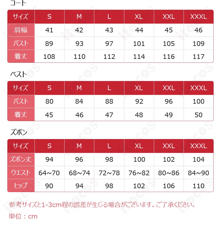 原神コート衣装セットのサイズ表と採寸ガイド