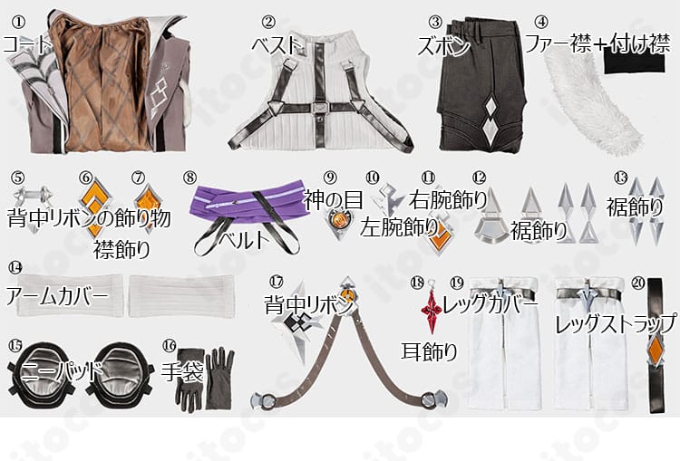 原神コート衣装セットの同梱内容一式(コート・ベスト・神の目ほか)