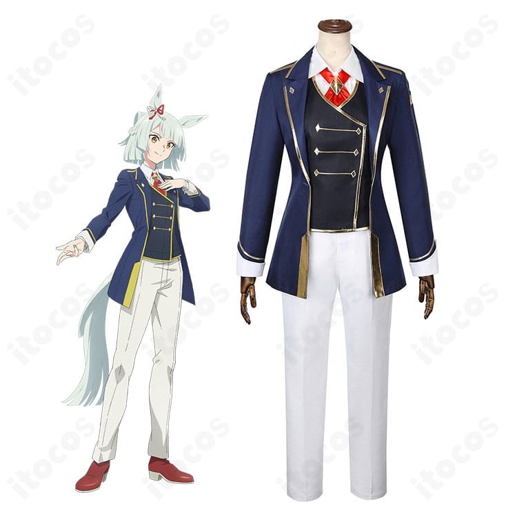 フジマサマーチ勝負服の着用イメージ。コートとベストのシルエットが映える全身コーデ