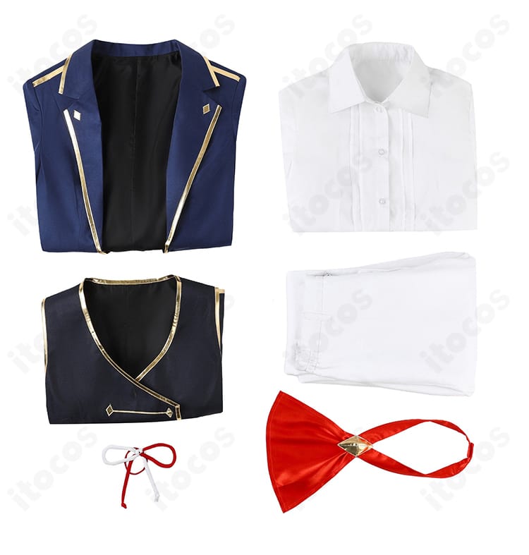 セット内容一式（コート・ベスト・シャツ・ズボン・スカーフ・髪飾り）の平置き画像