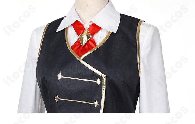 襟元ディテール。襟周りの形状とスカーフの収まり