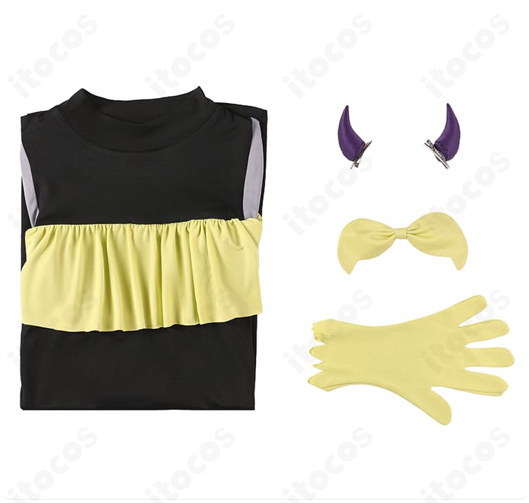 MEMちょ 新生B小町アイドル衣装 セット内容（ワンピース・髪飾り・角・手袋）のレイアウト