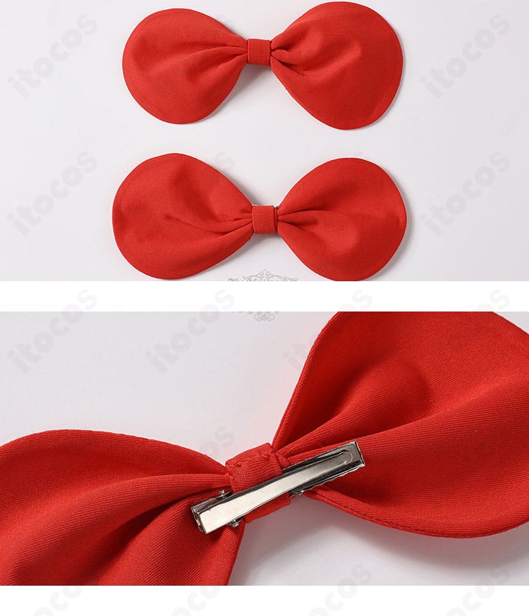 髪飾りのディテール。リボンの大きさ、留め具仕様が分かるクローズアップ