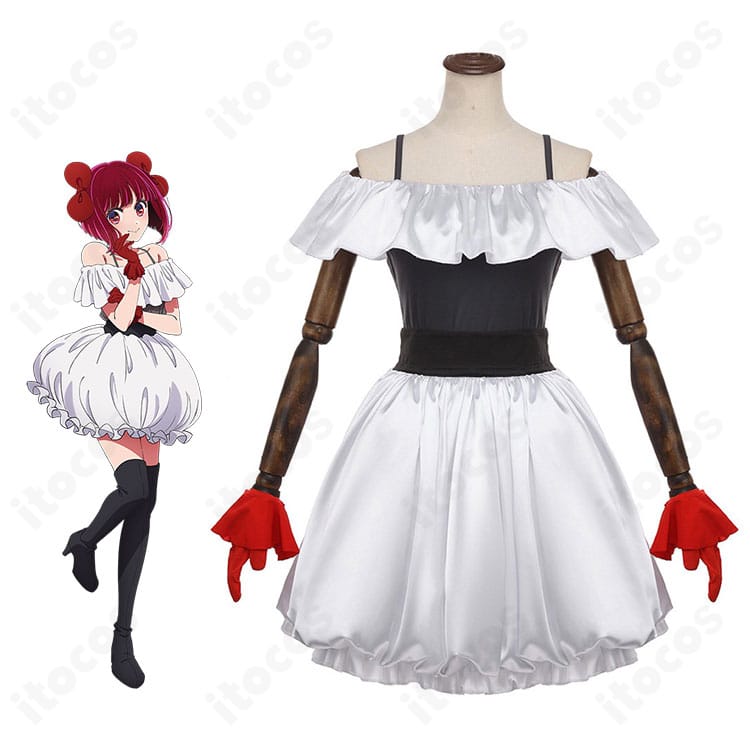 有馬かなのB小町アイドル衣装を着用した全身イメージ。赤×白の高発色と上品なシルエットが分かる写真