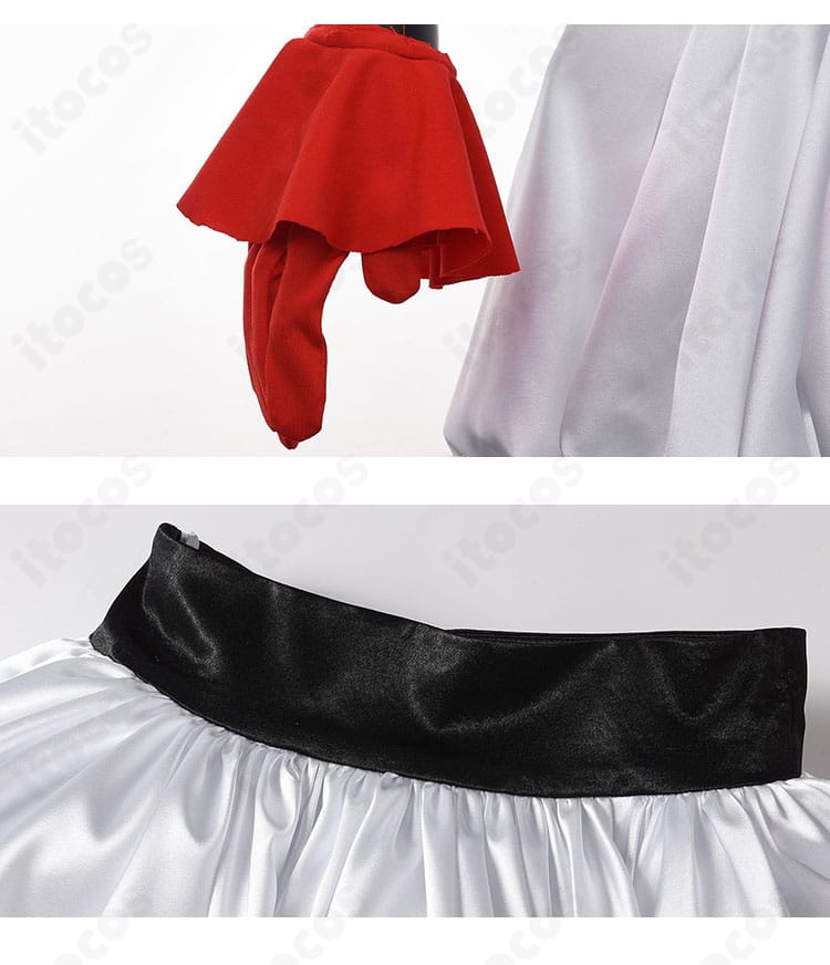 付属の白手袋とスカートウエストまわりの装飾ディテール。ステッチと素材感の近接写真