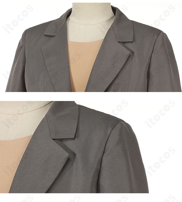 衣領・襟元の装飾とラペル形状、ステッチのアップ