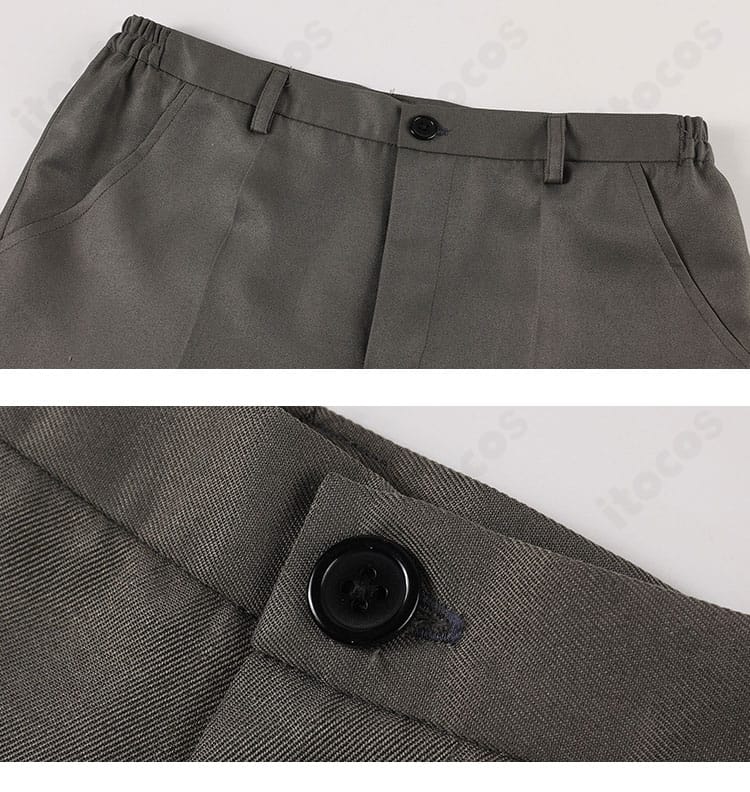 パンツのウエスト・ベルトループ・フロントボタンのディテール