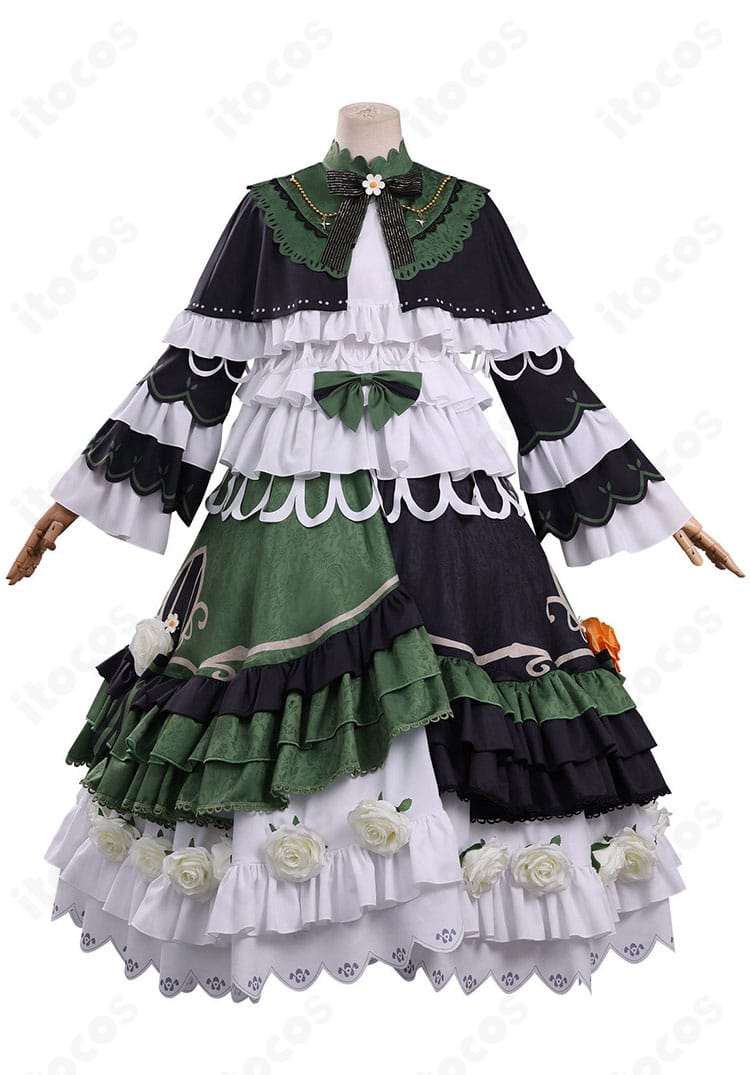 遠野ハンナ衣装の正面全体。上品なフレアシルエットとリボン配置を確認できる画像