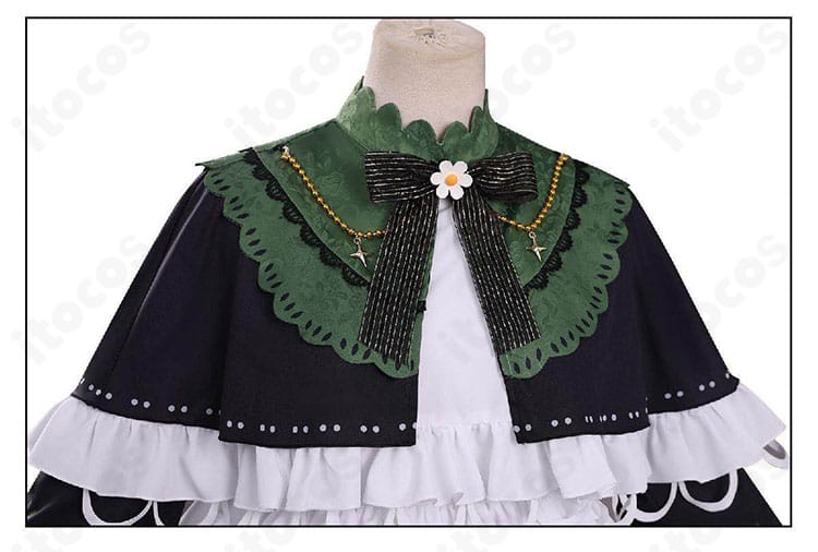 襟元の装飾ディテール。リボン結びと装飾パーツの質感が分かる接写