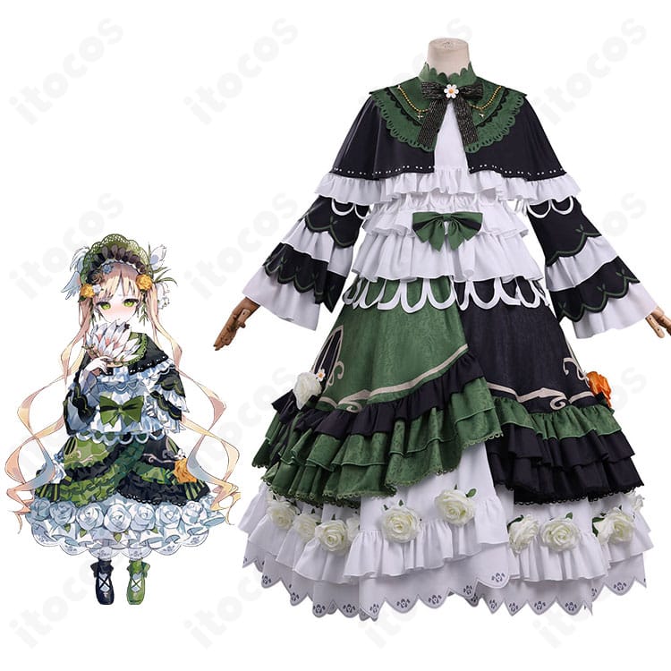 遠野ハンナのフルセット着用イメージ。ワンピースと帽子、花飾りのバランスが分かる全身図