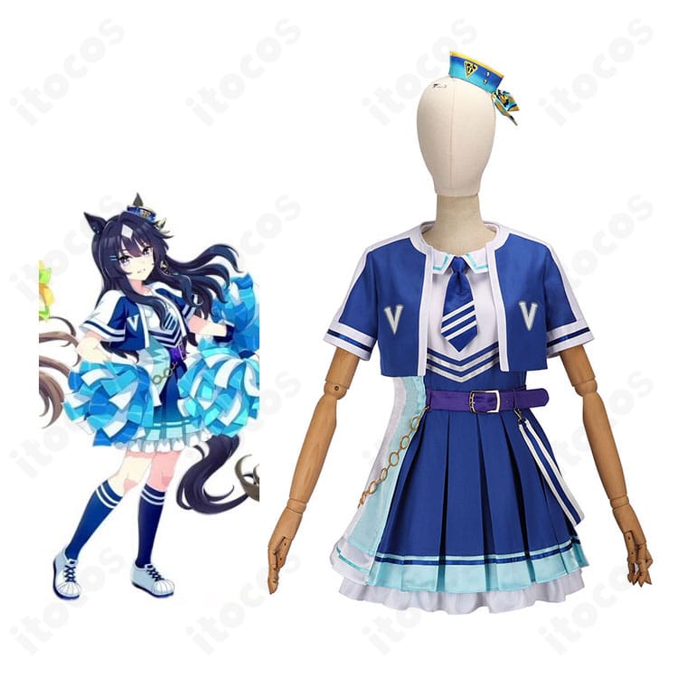 ウマ娘 プリティーダービー ヴィブロス サプライズチア衣装の着用イメージ全身。髪飾りと腰チェーンまで揃った高再現セット。
