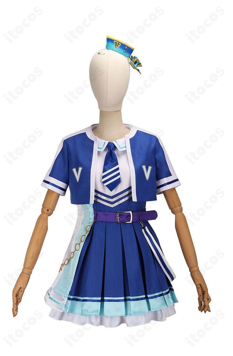 ヴィブロス サプライズチア衣装の正面ディテール。コートとワンピースの配色、ネクタイ位置、ベルトの収まりが分かるカット。