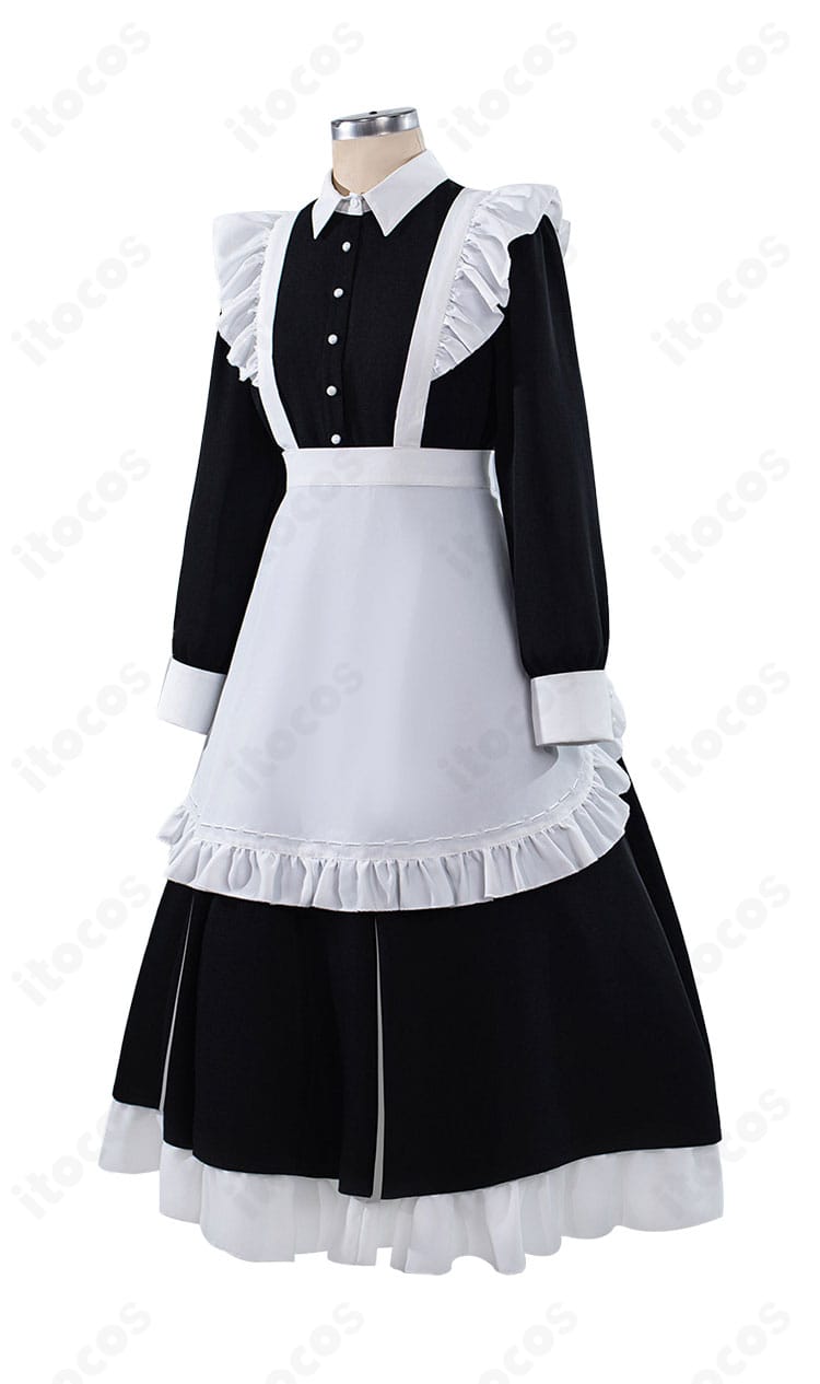 メイド服の側面図。ウエストラインとスカートのフレア、袖のボリューム感を確認できる画像。