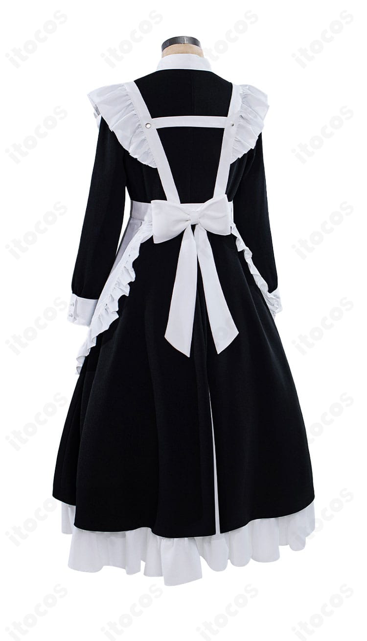メイド服の背面図。背中の開閉仕様と大きめリボン、エプロン結びの形が分かる画像。