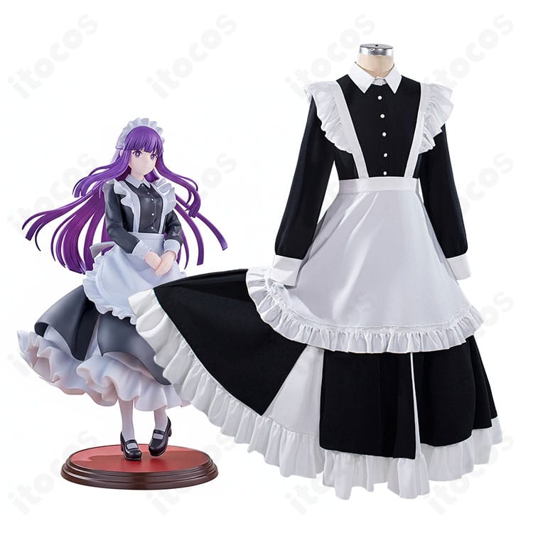 モデル着用のフリーレン/フェルン メイド服コスプレ全身イメージ。上品なエプロンと高発色スカートが映えるカット。