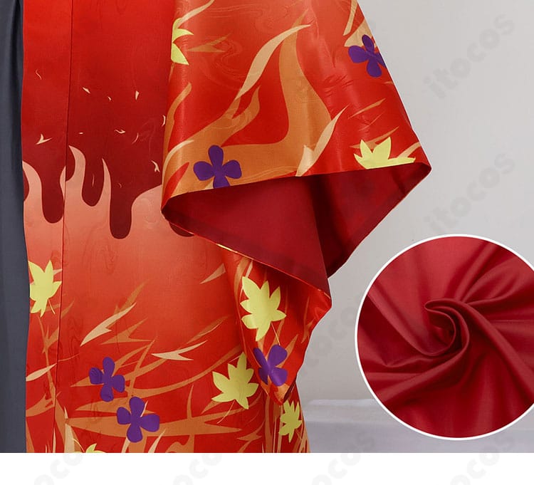 煉獄杏寿郎 京まふ2021和装コスプレの袖口ディテール。袖の縫製、配色、ステッチの仕上がりが分かる接写。