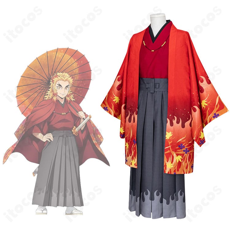 煉獄杏寿郎 京まふ2021和装コスプレの人物着用イメージ。羽織・袴・帯・ネックレスを含む全身コーデの再現例。