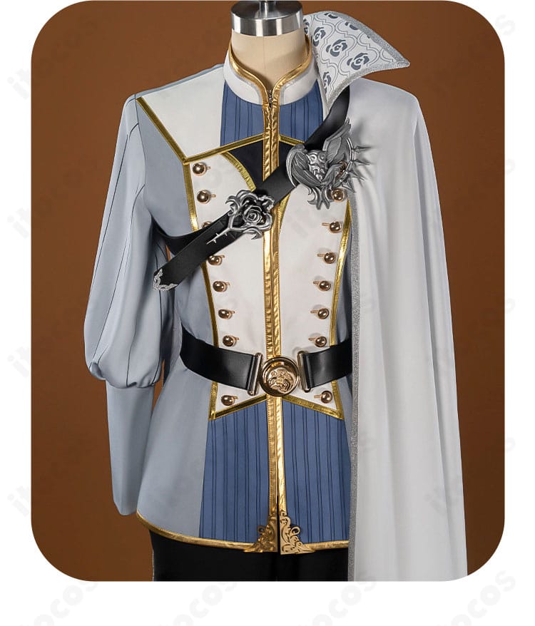 上衣フロント装飾一帯のバランス。ボタン配置と生地のハリ感を強調。