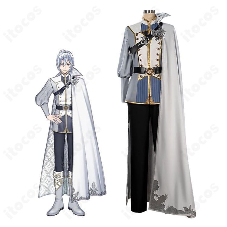 シルバー 夜明けの甲冑コスプレ一式を着用した全身イメージ。マントとベルトワークが強調されたビジュアル。