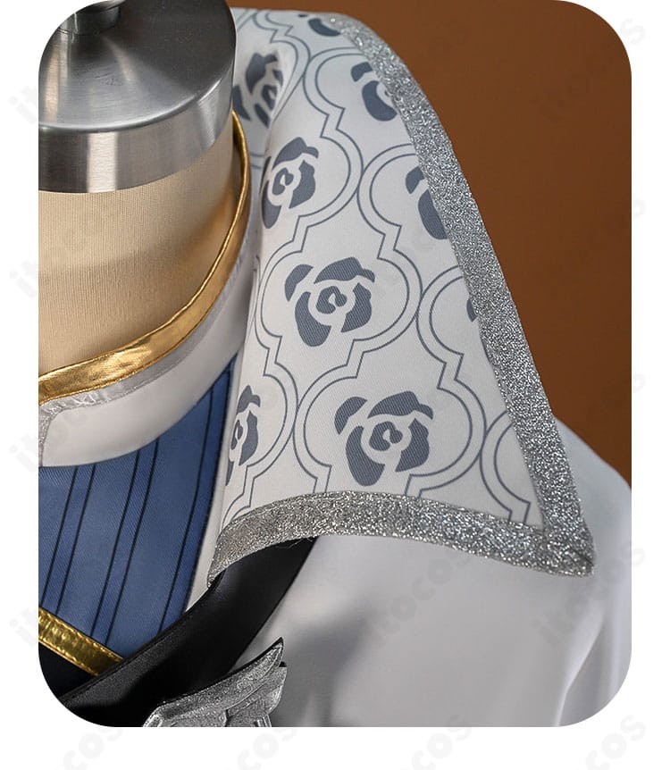 衣領全体のデザイン。立ち襟の高さとパイピングのコントラスト。