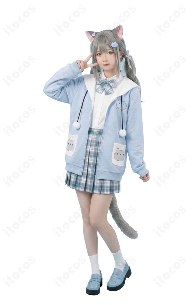 甘城なつき（Nachoneko）新衣装 制服コスプレの正面全景。コートのハリ感とスカートのシルエット、スカーフ配置が分かる画像。