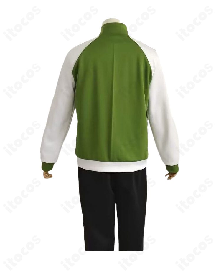 篭手切江 内番ジャージ 上着ディテール。襟元から前開き部分までのラインとステッチを確認できるアップ。