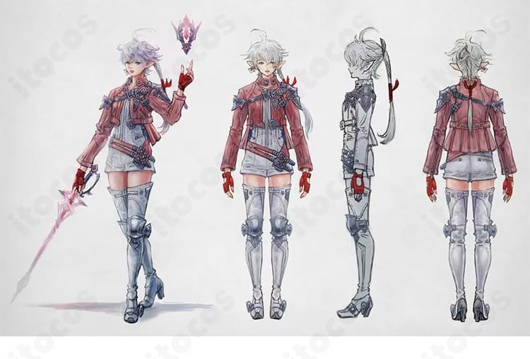 ファイナルファンタジーXIV アリゼー・ルヴェユール 暁月のフィナーレ版コスプレ衣装を着用した全身正面カット。クールで上品な冒険者装束のシルエットが分かる商品画像。