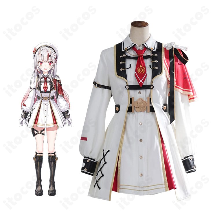 百鬼あやめ 新衣装(軍服風)コスプレの全身正面。クールな直線シルエットと高発色生地が映えるデザイン。