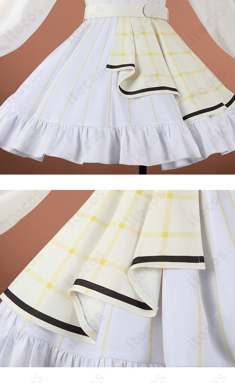 スカートのレース装飾とレイヤードヘムの詳細