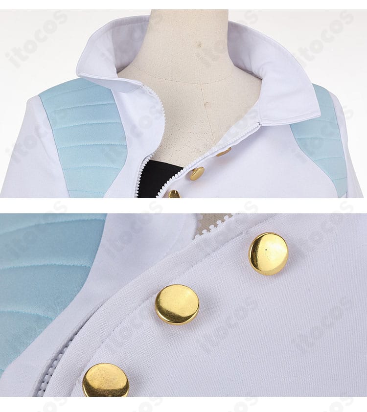 襟元とボタンの意匠が分かるクローズアップ（メリル記者衣装）