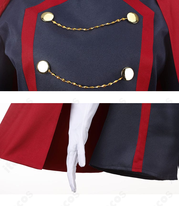 上衣フロントのボタン留めとチェーン装飾のディテール