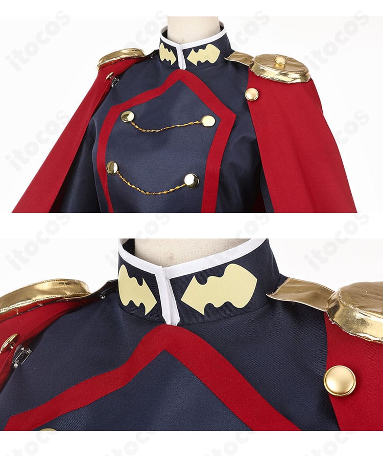 ショルダー飾りと肩周りの縫製ディテールのクローズアップ