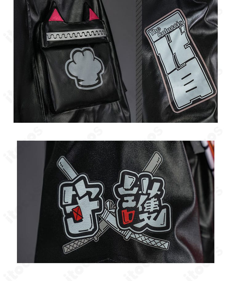 コートのポケット周りとプリント・ワッペン風モチーフ、ステッチの拡大画像