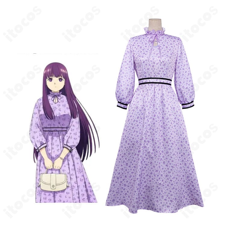 フェルンのキャラクタービジュアルと小花柄ワンピース衣装の参考イメージ