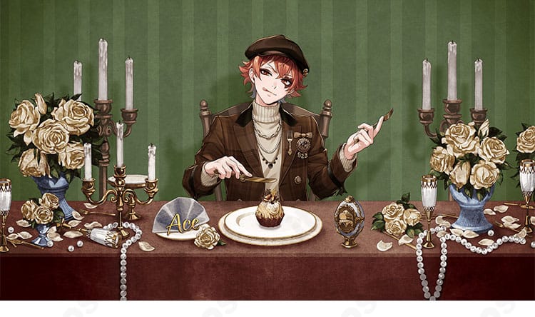 エース・トラッポラがラ・ボンボニエール衣装で着席し食事シーンを再現したイメージ画像