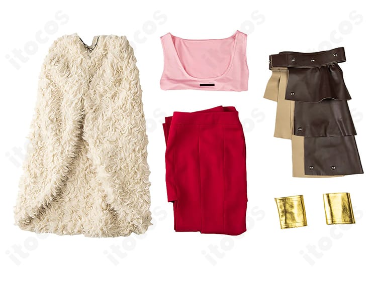 セット内容一式のレイアウト画像。トップス、スカート、マント、スカート飾り、リストバンドを整然と配置