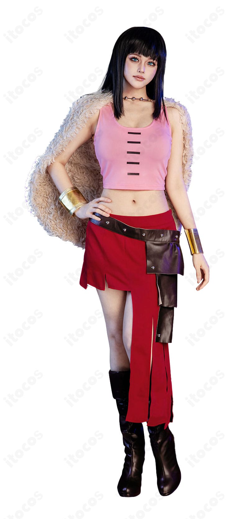 ニコ・ロビン コスプレの正面ディテール。トップスのラインとマントの配色が分かる近接画像