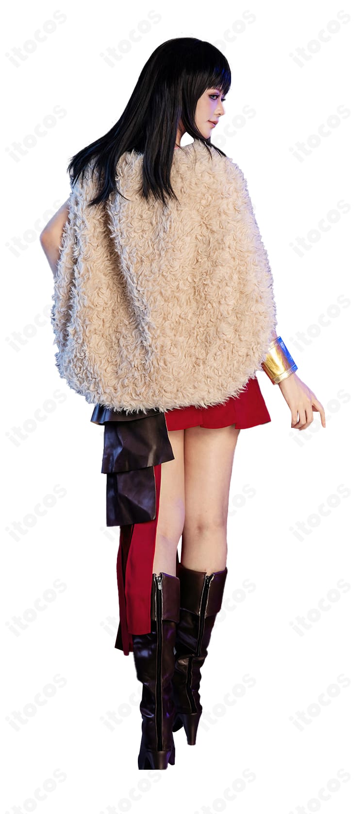 ニコ・ロビン コスプレの背面ディテール。マントの落ち感と背面ファスナー周辺の仕立てを示す画像