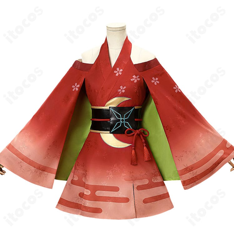 かぐや姫風和装コスプレ ワンピースの正面全体像（ジャガードの地紋が分かる）