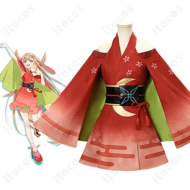 かぐや姫風和装コスプレの着用イメージとフルセット一式（ワンピース・髪飾り・コルセット）