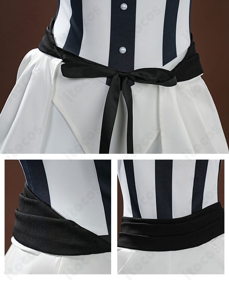 ウエスト周りの装飾とオーバースカートの留め位置・質感ディテール