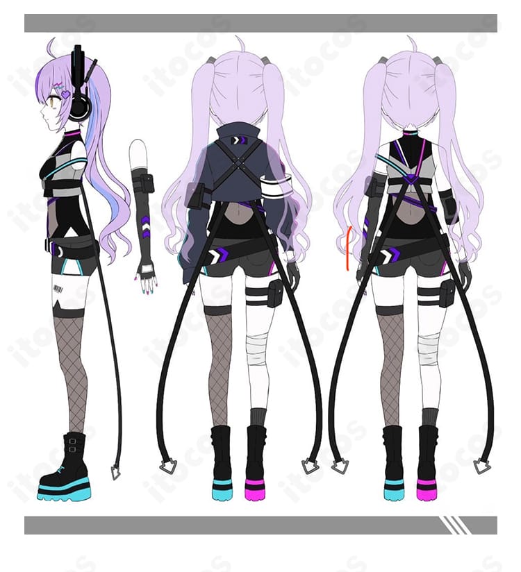 ぶいすぽっ！紫宮るな 第3衣装サイバーパンクの背面。背飾りやベルト配置、コートのシルエットとラインが確認できる商品画像