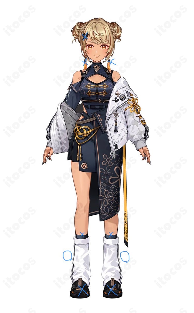 神成きゅぴ チャイナ×スポーティ新衣装の全身コーディネート。コートとチャイナドレス、腰飾り・レッグカバーのセット内容と配色ラインが分かる商品人物画像