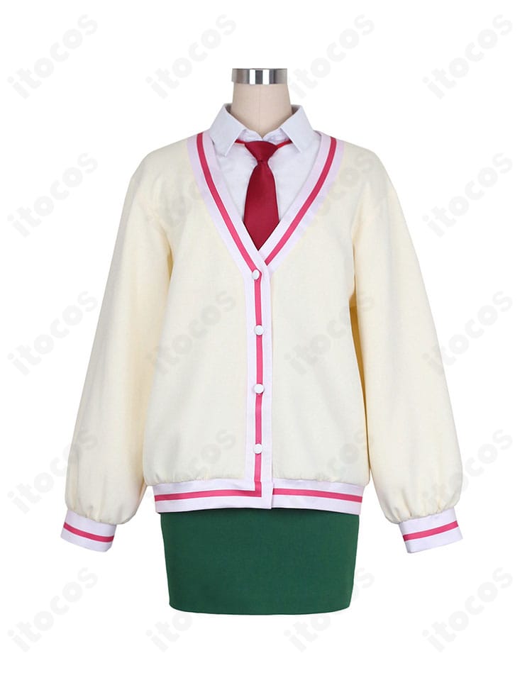 大倉メグミ 制服コスプレのコート・シャツ・スカート・ネクタイを正面から撮影した全体画像